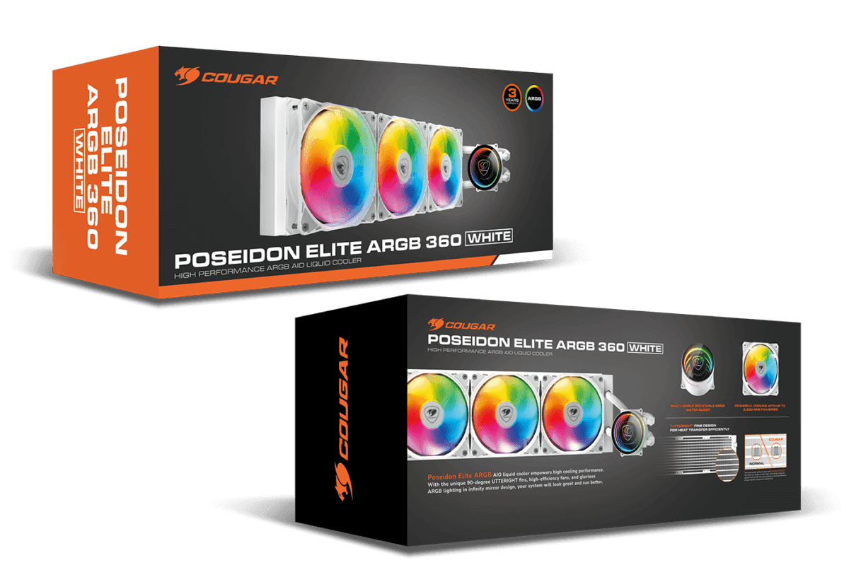 Cougar POSEIDON ELITE ARGB, 360mm AIO Liquid Cooler (62.53CFM, 33.5 dBA) - White - Image 6