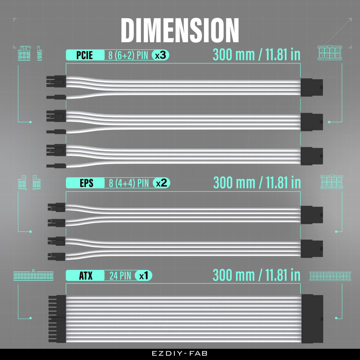 EZDIY-FAB 16 AWG PSU Premium Nylon Sleeved Extension Cable Kit - White - Image 5