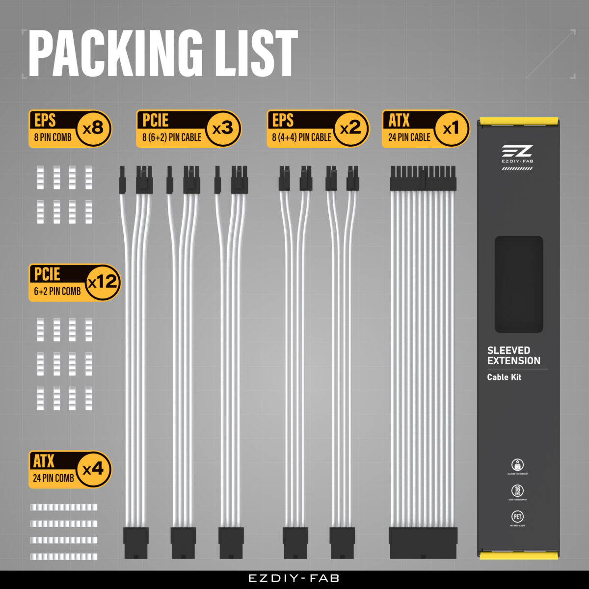 EZDIY-FAB 16 AWG PSU Premium Nylon Sleeved Extension Cable Kit - White - Image 10