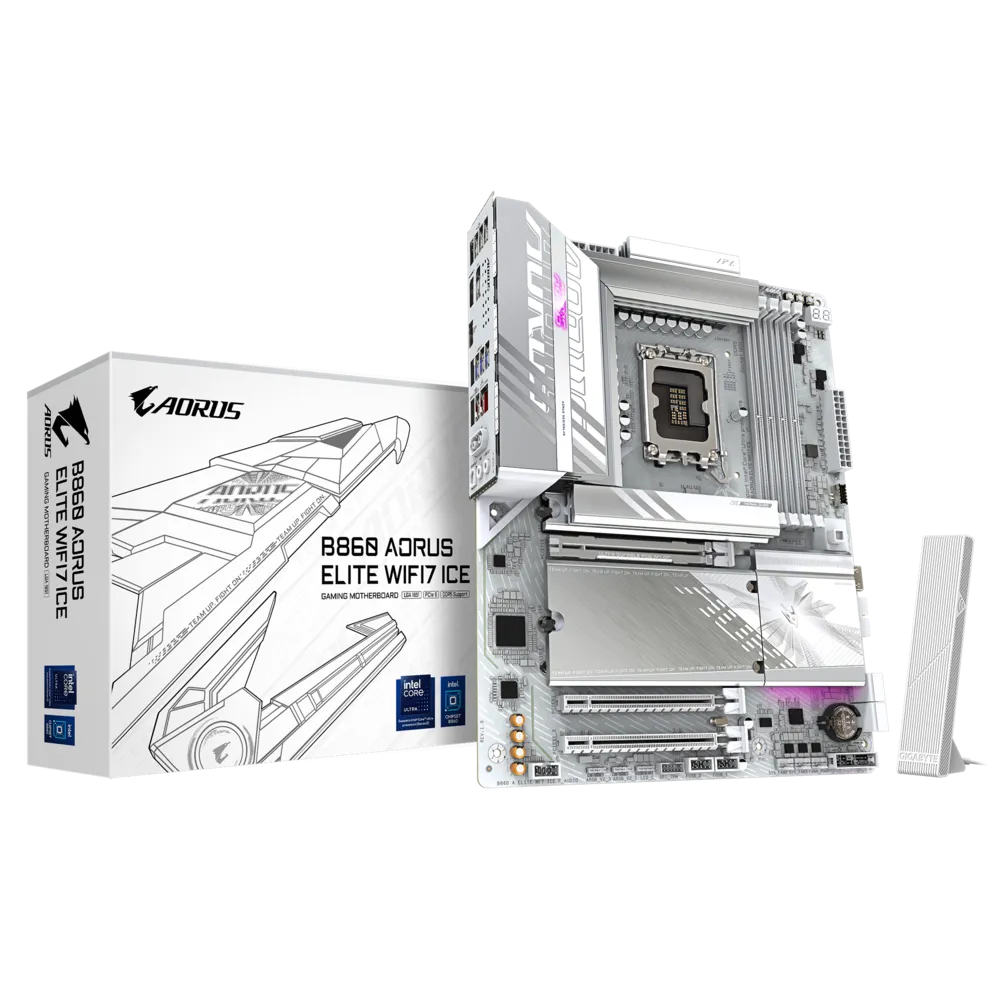 GA-B860-A-ELITE-WF7-ICE_Box Gigabyte B860 AORUS ELITE WIFI7 ICE Intel B860 LGA 1851 Arrow Lake ATX Desktop Motherboard - Image 1