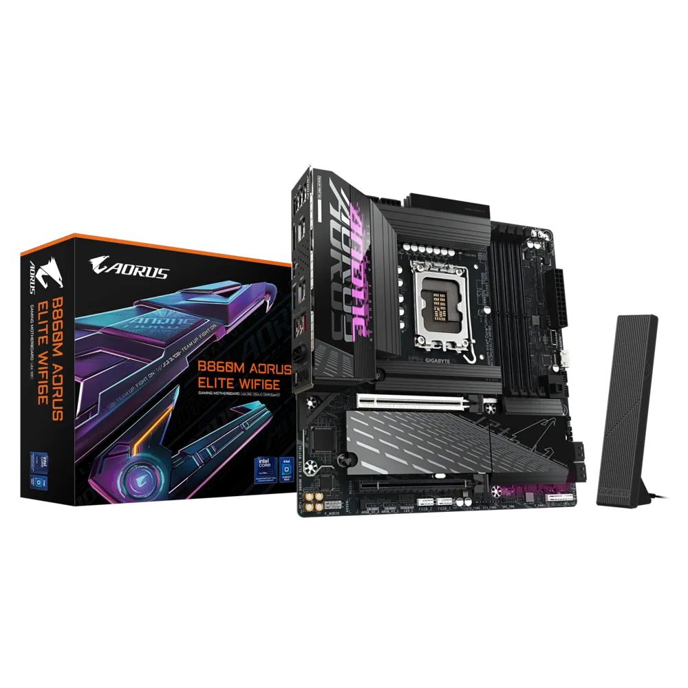GA-B860M-A-ELITE-WIFI6E_Box Gigabyte B860M AORUS ELITE WIFI6E Intel B860 LGA 1851 Arrow Lake Micro-ATX Desktop Motherboard - Image 1